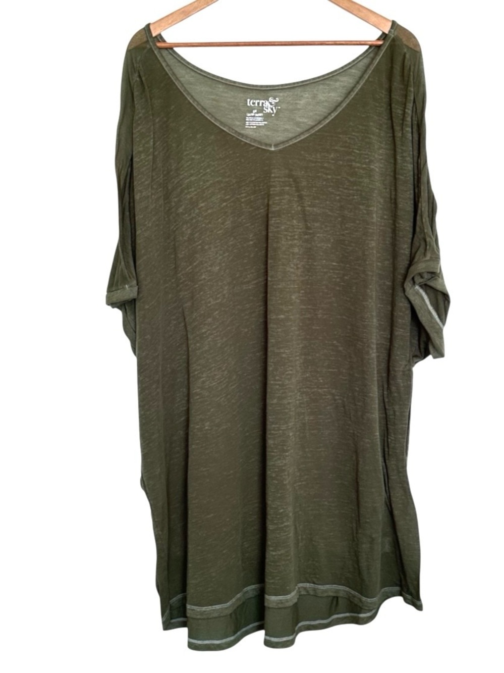 Terra & Sky Plus Shirt Women’s 5X Green V Neck Sheer Lightweight Short Sleeve